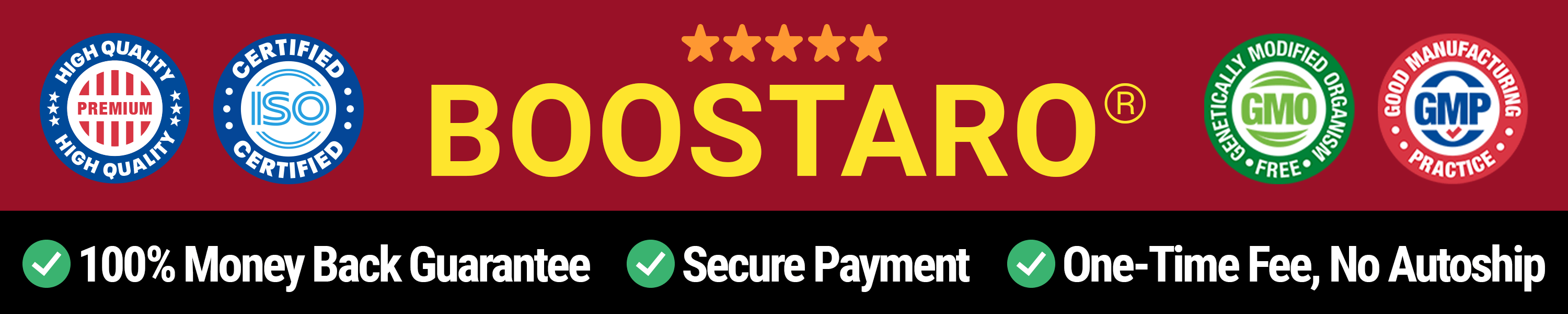 Boostaro certifications: GMP-certified, FDA-registered facility, Made in USA