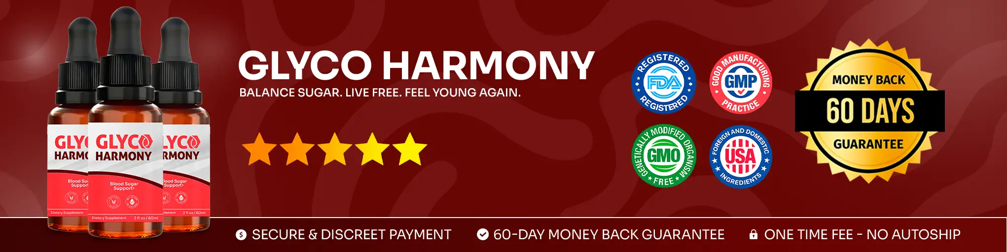 Glyco Harmony certifications: FDA-registered, GMP-certified, Non-GMO, Made in USA, Natural