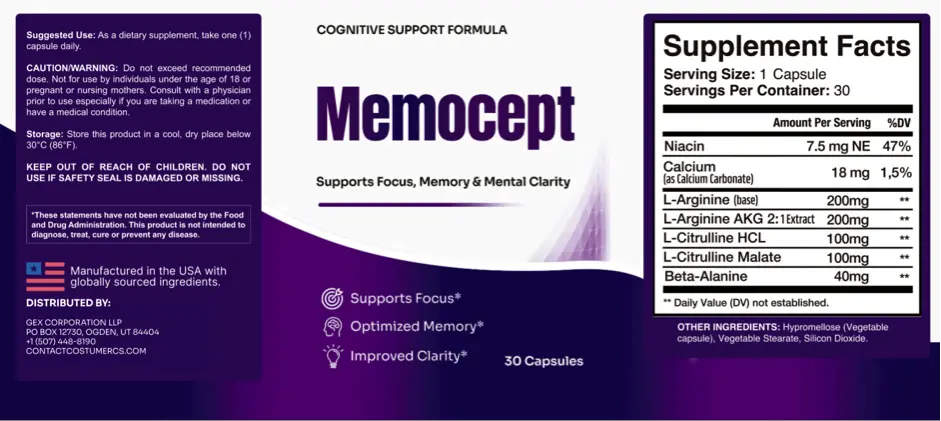 Memocept ingredient label — supplement facts